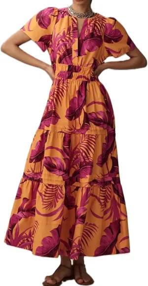 Women Boho Maxi Dress Short Sleeve V Neck Floral Print Loose Flowy Long Dress Aline Tiered Ruffle Beach Dress