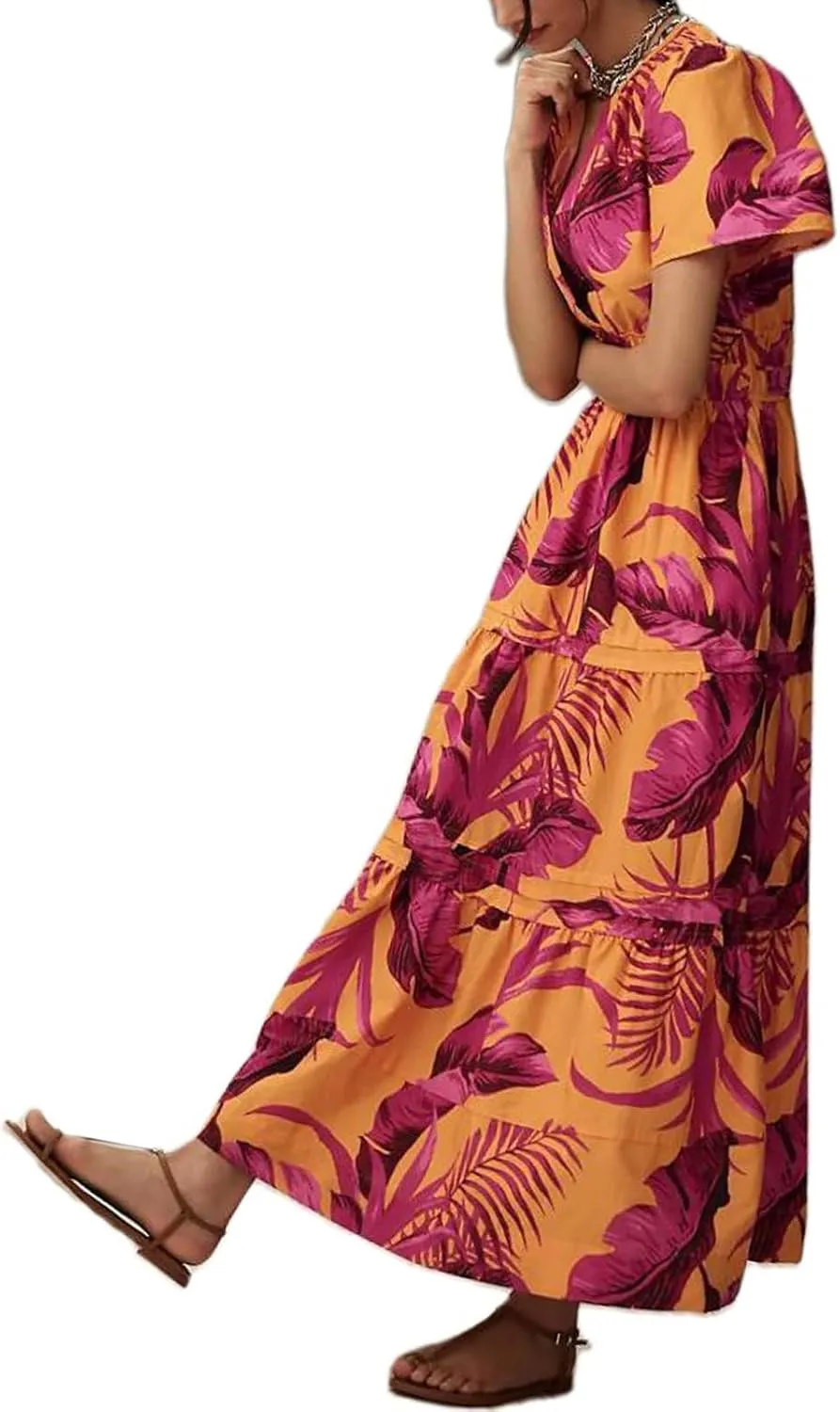 Women Boho Maxi Dress Short Sleeve V Neck Floral Print Loose Flowy Long Dress Aline Tiered Ruffle Beach Dress