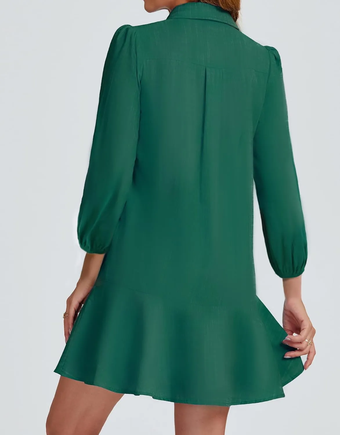Women Button Down Dress Casual 3/4 Puff Sleeve Cotton Linen Dress Flowy Ruffle Hem Tunic Shirt Dresses