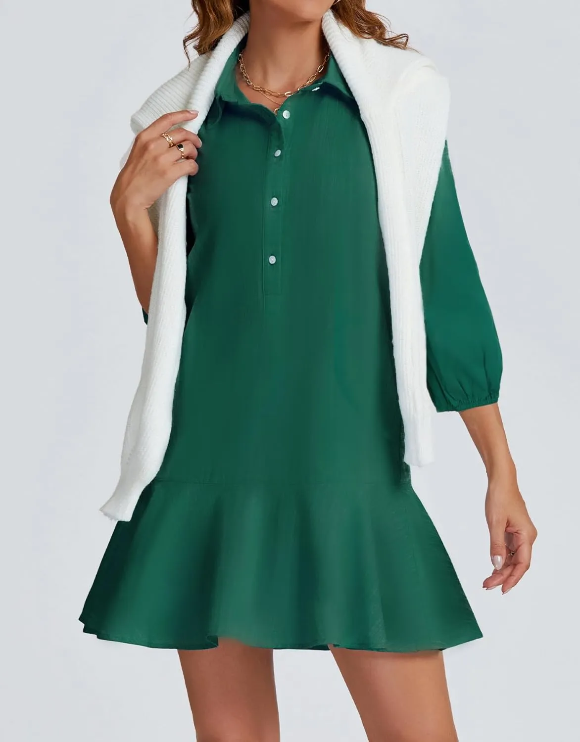 Women Button Down Dress Casual 3/4 Puff Sleeve Cotton Linen Dress Flowy Ruffle Hem Tunic Shirt Dresses