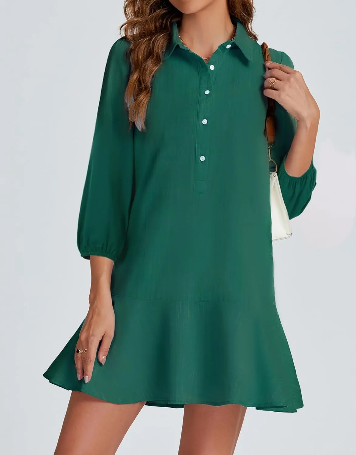 Women Button Down Dress Casual 3/4 Puff Sleeve Cotton Linen Dress Flowy Ruffle Hem Tunic Shirt Dresses