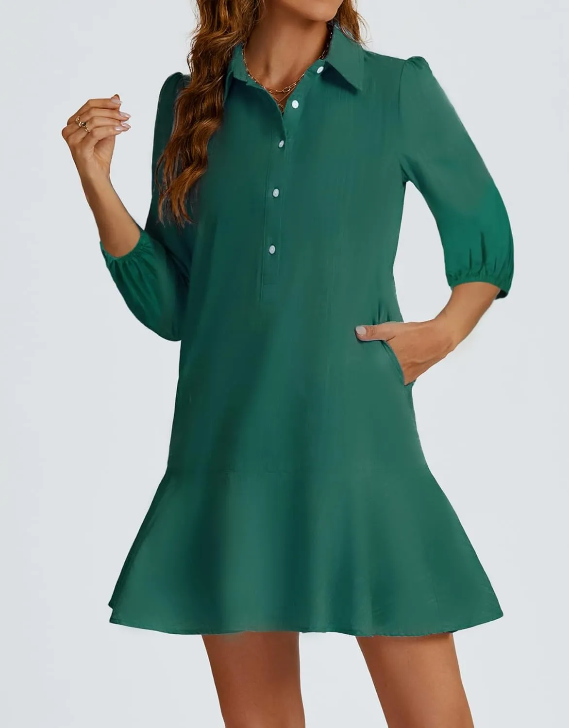 Women Button Down Dress Casual 3/4 Puff Sleeve Cotton Linen Dress Flowy Ruffle Hem Tunic Shirt Dresses