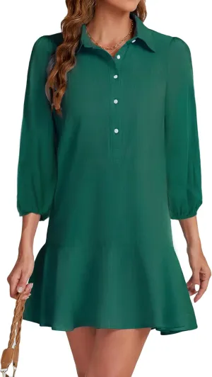 Women Button Down Dress Casual 3/4 Puff Sleeve Cotton Linen Dress Flowy Ruffle Hem Tunic Shirt Dresses