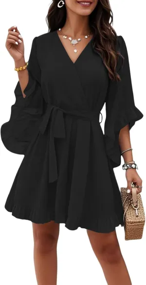 Women Casual Loose Vintage Bohemian Floral Flowy V-Neck Half Sleeve Summer Beach Swing Dress