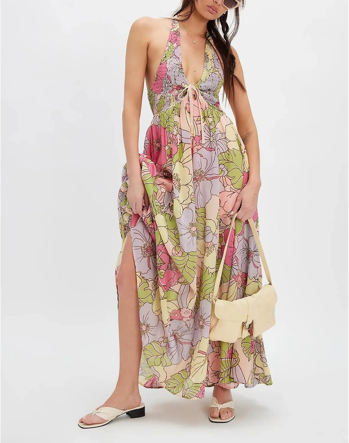 Women Floral Maxi Dress Sexy Sleeveless Backless A-Line Long Flowy Dress Back Cut Out Spaghetti Strap Summer Sundress