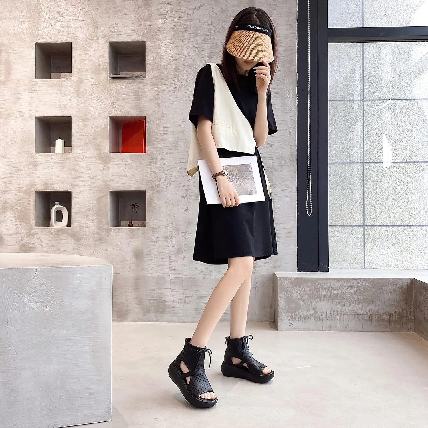 Women High Top Boot Sandals Open Toe Cutout Leather Sandals for Women