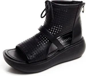 Women High Top Boot Sandals Open Toe Cutout Leather Sandals for Women