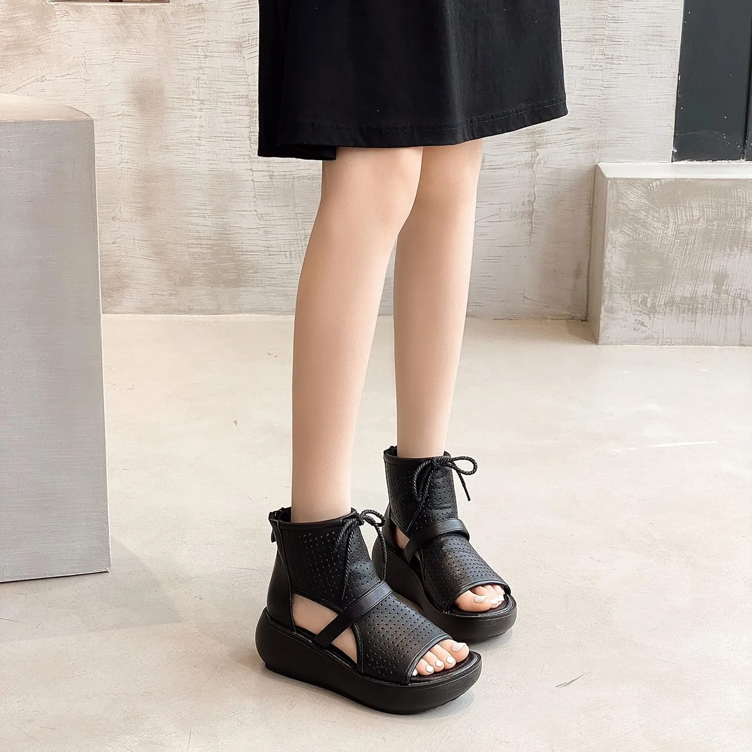 Women High Top Boot Sandals Open Toe Cutout Leather Sandals for Women
