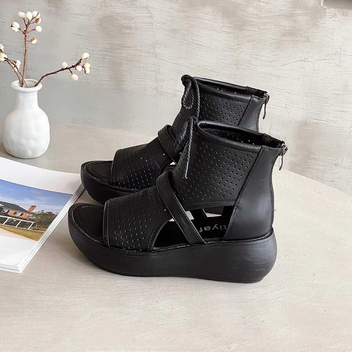 Women High Top Boot Sandals Open Toe Cutout Leather Sandals for Women