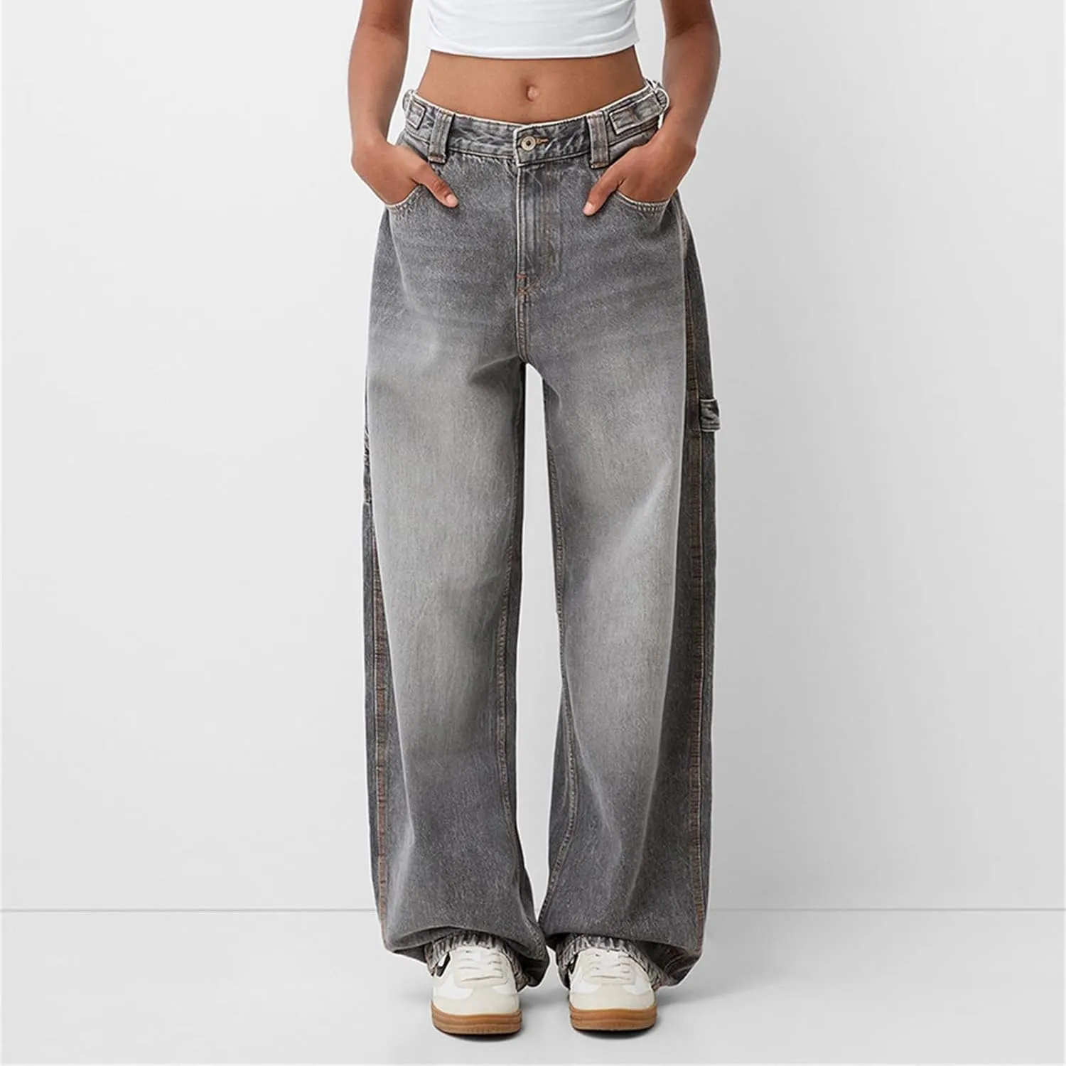 Women Low Waisted Baggy Jeans Vintage Mid Rise Loose Fit Wide Leg Boyfriend Jeans Trendy Denim Pants Streetwear