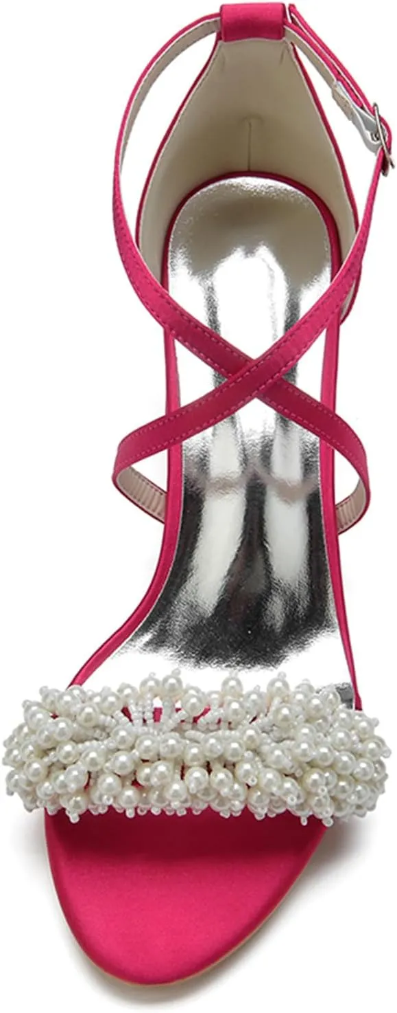 Women Open Toe Chunky Block Heels Beaded Satin Crossover Strappy Wedding Evening Party Sandals