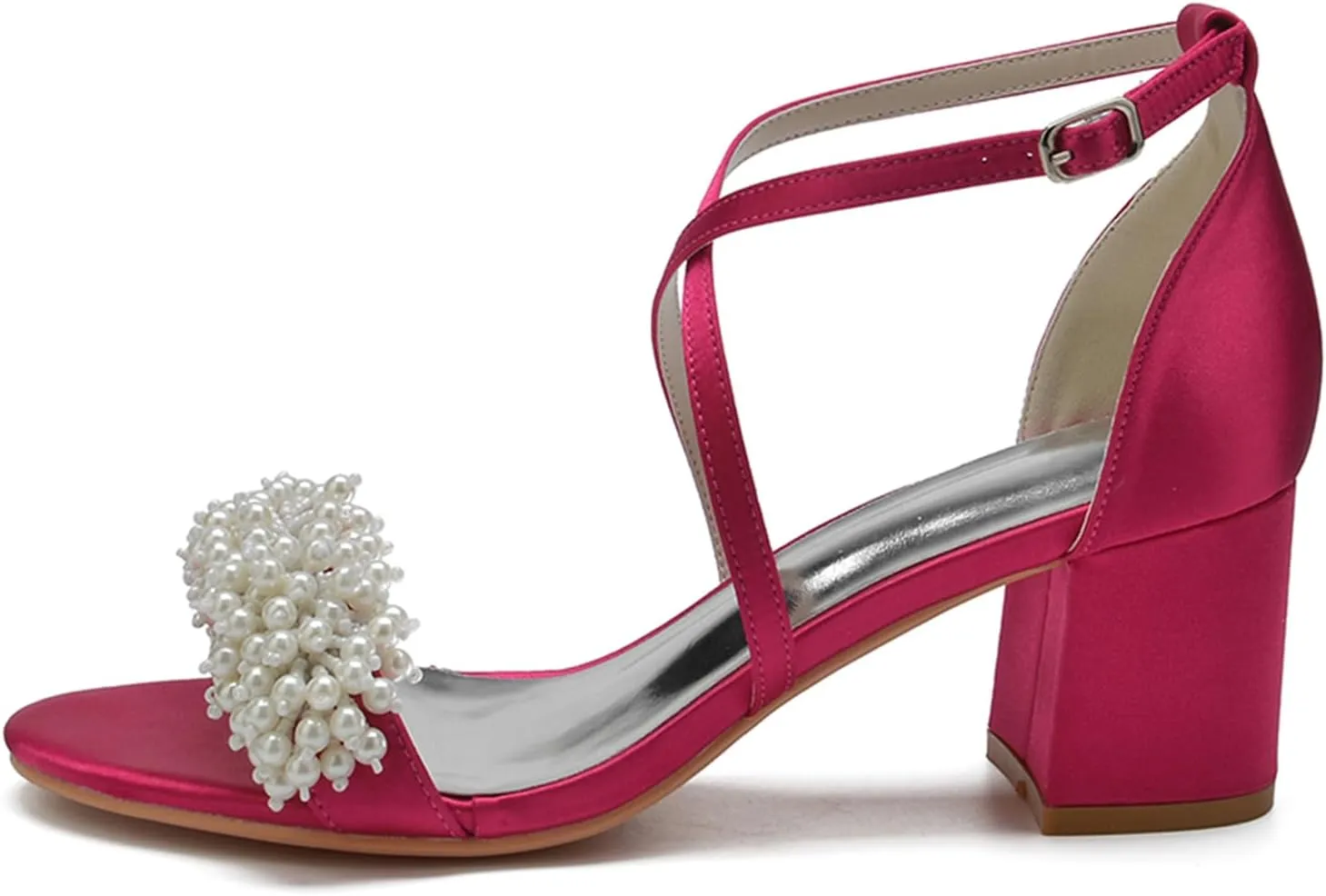 Women Open Toe Chunky Block Heels Beaded Satin Crossover Strappy Wedding Evening Party Sandals