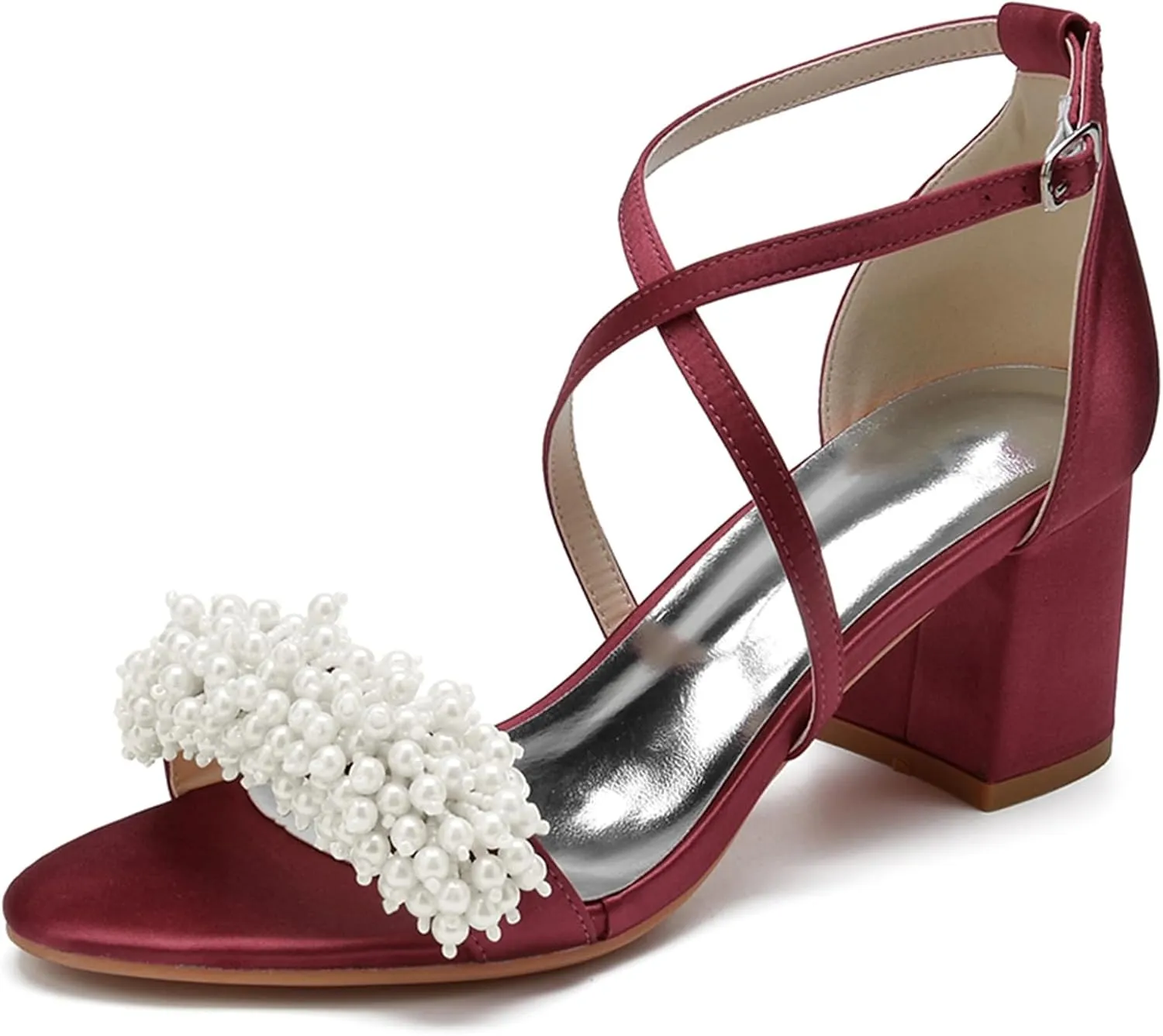 Women Open Toe Chunky Block Heels Beaded Satin Crossover Strappy Wedding Evening Party Sandals