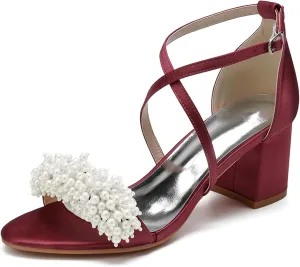 Women Open Toe Chunky Block Heels Beaded Satin Crossover Strappy Wedding Evening Party Sandals