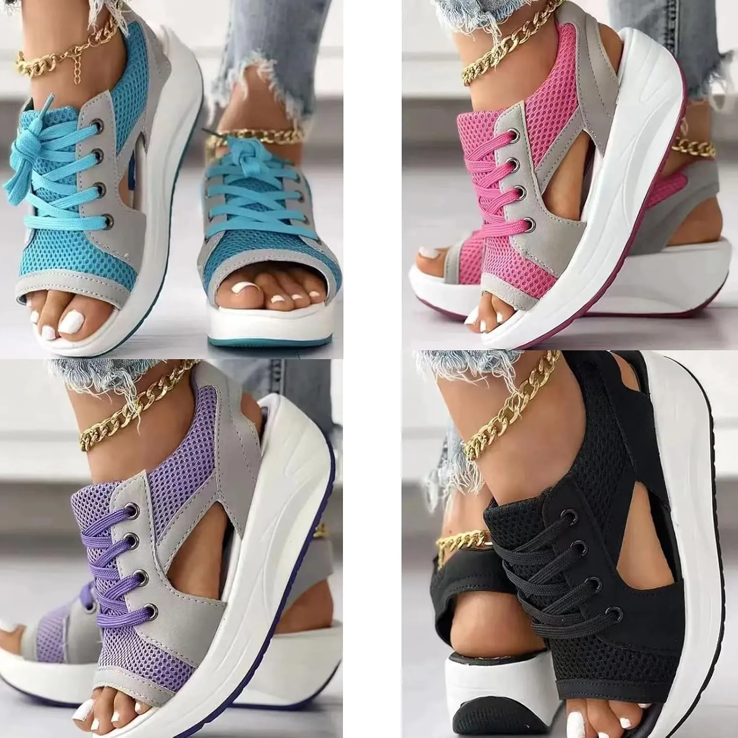 Women Paneled Cutout Lace-Up Muffin Sandals Causal Peep Toe Platform Wedges Sandals Summer Comfy Sports Shoes