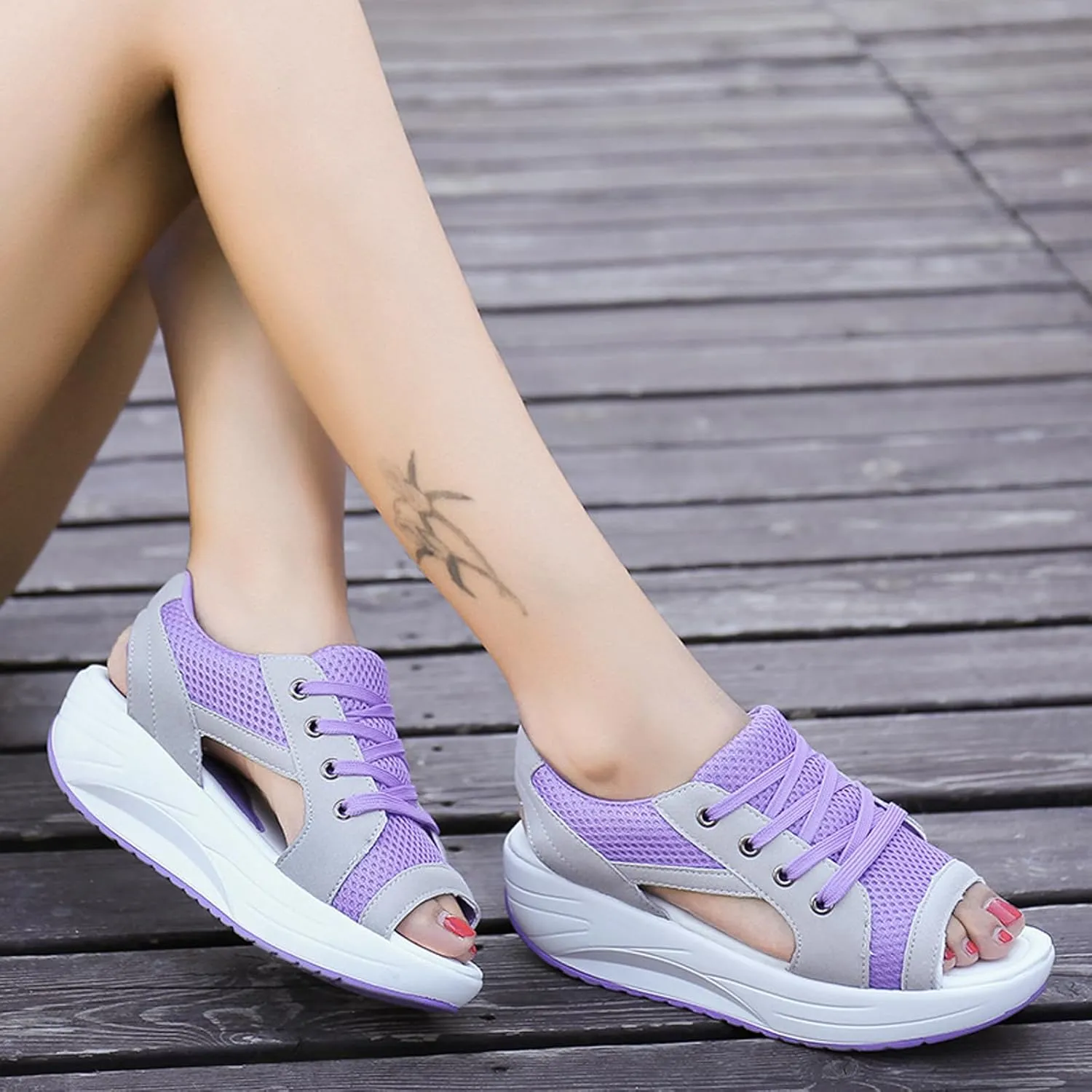 Women Paneled Cutout Lace-Up Muffin Sandals Causal Peep Toe Platform Wedges Sandals Summer Comfy Sports Shoes