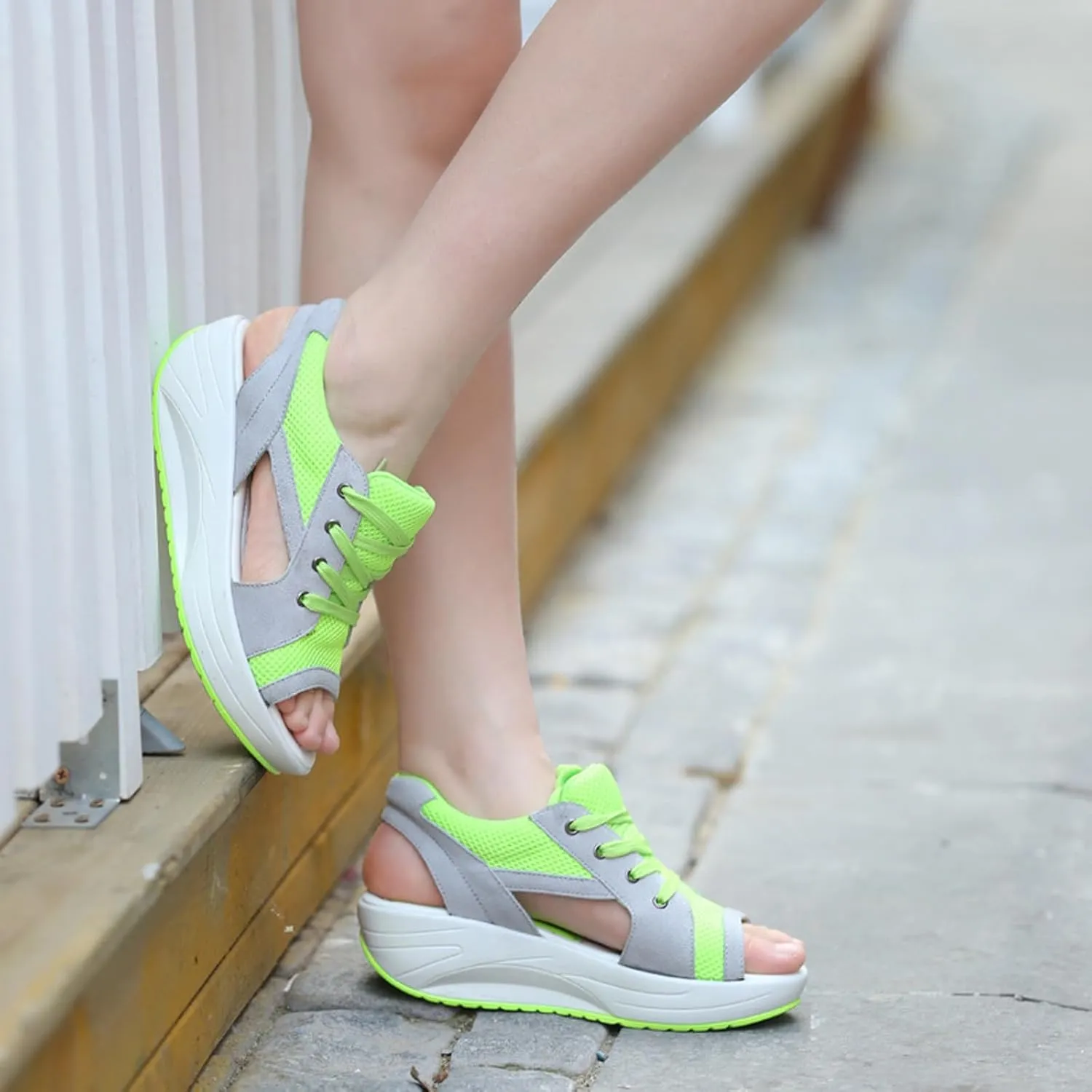 Women Paneled Cutout Lace-Up Muffin Sandals Causal Peep Toe Platform Wedges Sandals Summer Comfy Sports Shoes