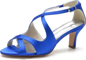 Women Peep Toe Heel Wedding Cross Strap Bridal Shoes Satin Sandals Ankle Strap Party Prom Pumps Mid Heel