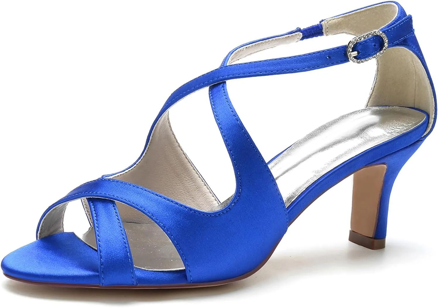 Women Peep Toe Heel Wedding Cross Strap Bridal Shoes Satin Sandals Ankle Strap Party Prom Pumps Mid Heel