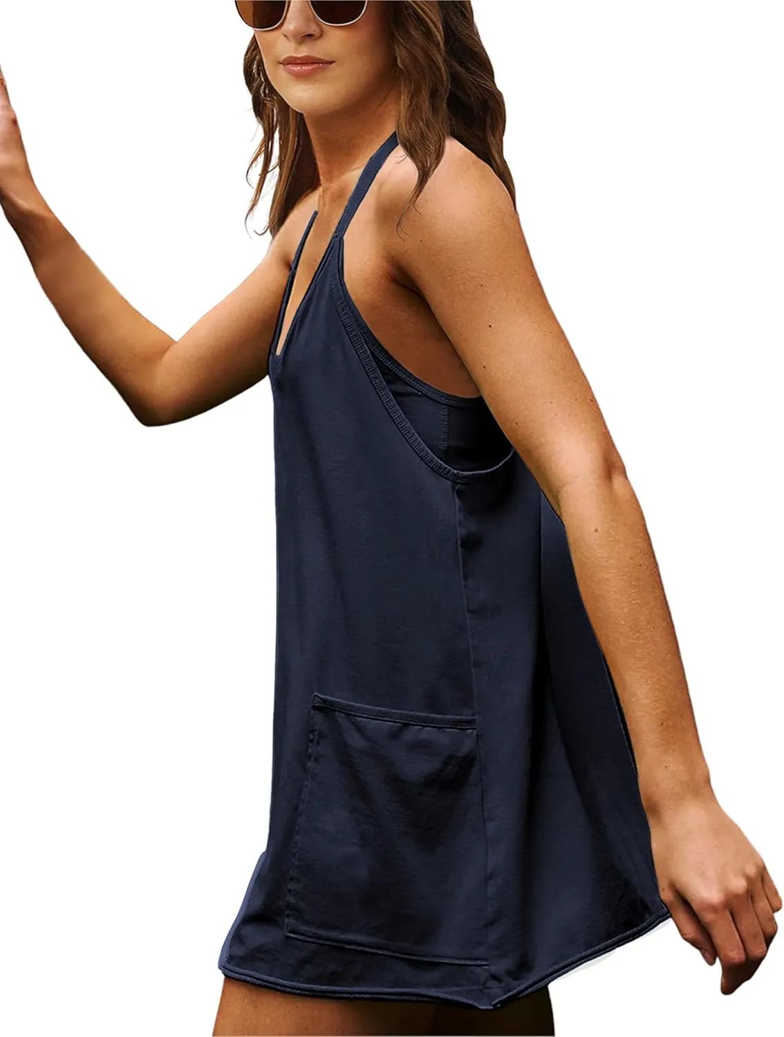 Women Sleeveless Athletic Dress Mini Dress Spaghetti Strap Sundress with Shorts