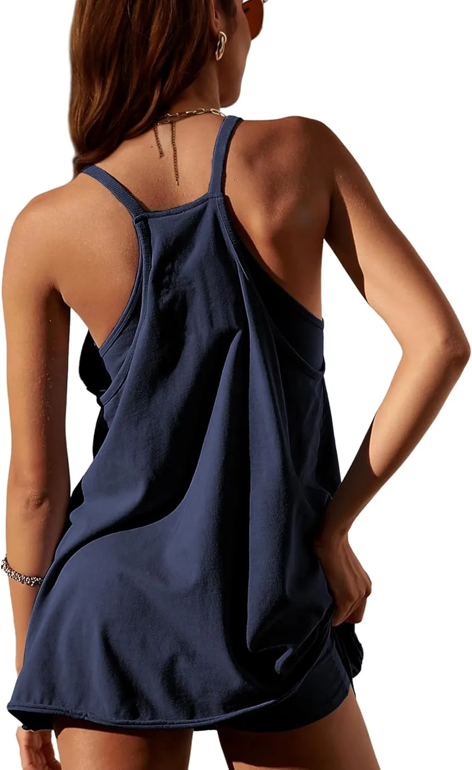 Women Sleeveless Athletic Dress Mini Dress Spaghetti Strap Sundress with Shorts