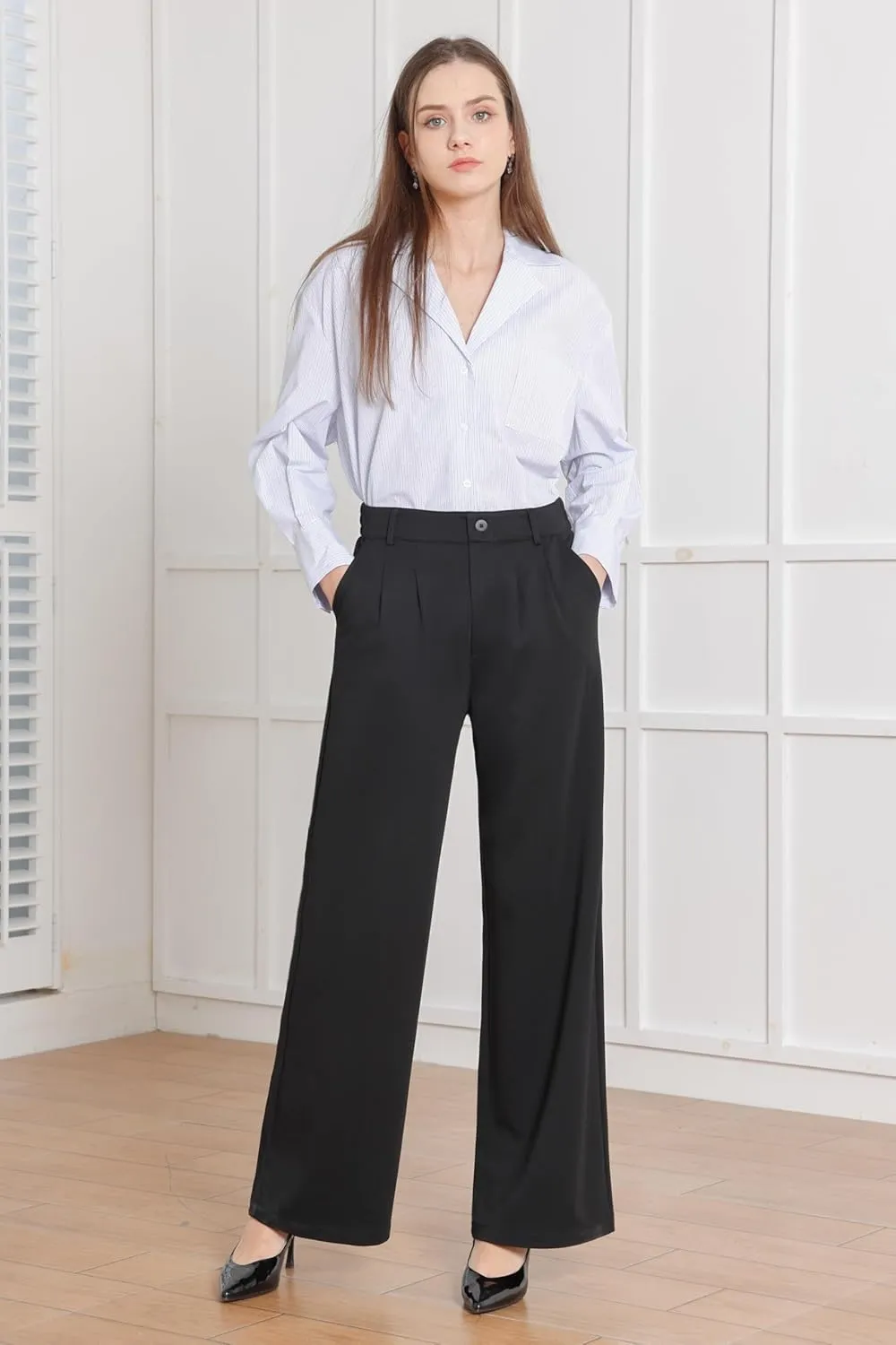 Women Wide Leg Dress Pants High Elastic Waisted Work Business Office Pants Casual Slacks Trousers with Pockets 29"
