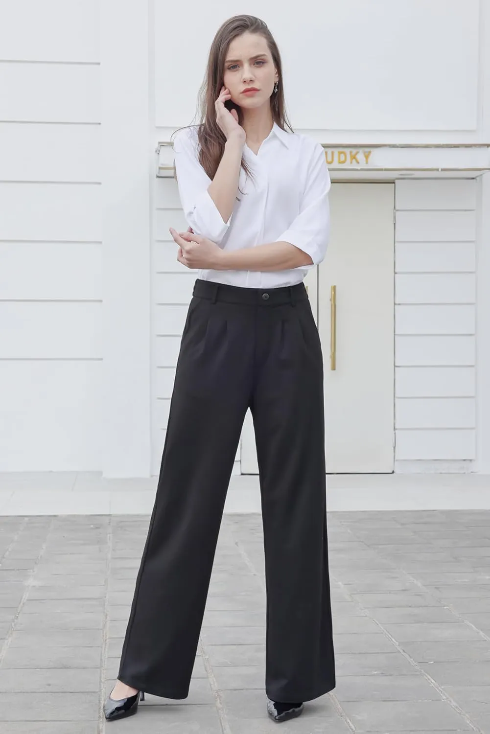 Women Wide Leg Dress Pants High Elastic Waisted Work Business Office Pants Casual Slacks Trousers with Pockets 29"