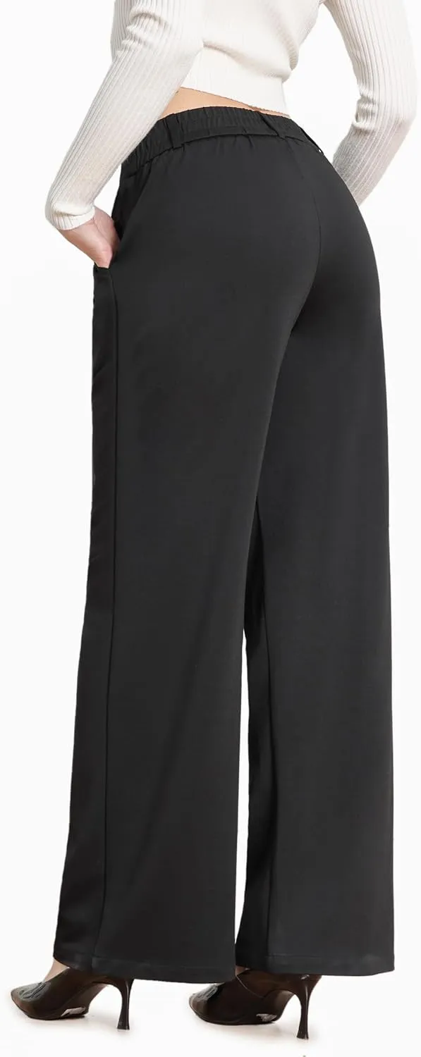 Women Wide Leg Dress Pants High Elastic Waisted Work Business Office Pants Casual Slacks Trousers with Pockets 29"