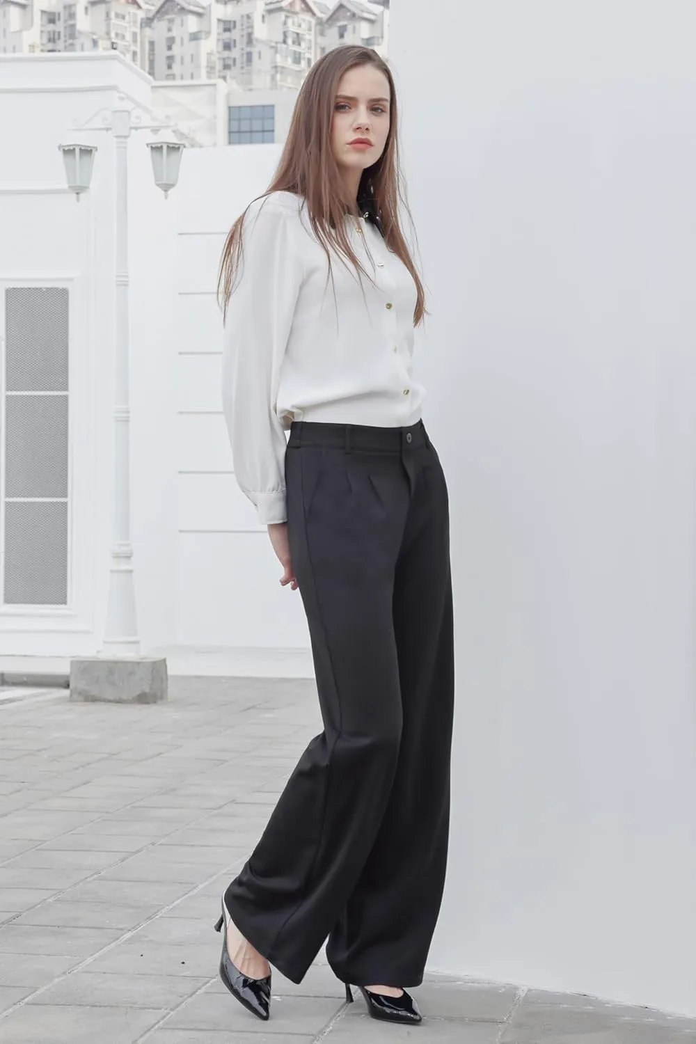 Women Wide Leg Dress Pants High Elastic Waisted Work Business Office Pants Casual Slacks Trousers with Pockets 29"