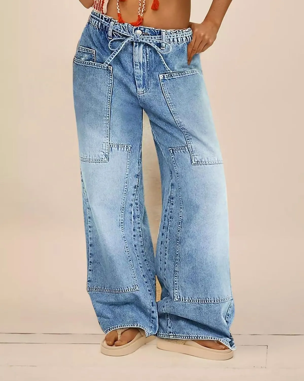Women Wide Leg Jeans Elastic Mid Waist Belt Baggy Jeans Loose Casual Boyfriend Y2K Denim Pants with Pockets