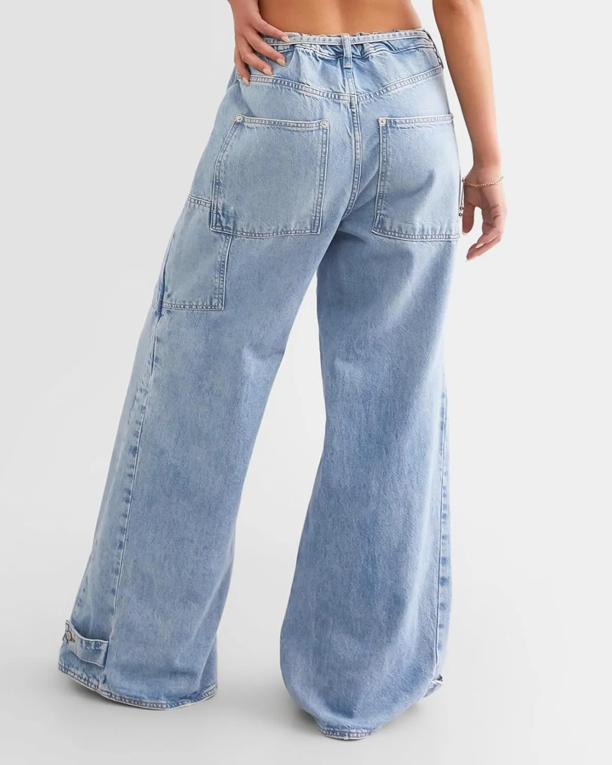 Women Wide Leg Jeans Elastic Mid Waist Belt Baggy Jeans Loose Casual Boyfriend Y2K Denim Pants with Pockets