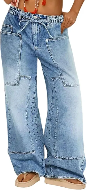 Women Wide Leg Jeans Elastic Mid Waist Belt Baggy Jeans Loose Casual Boyfriend Y2K Denim Pants with Pockets