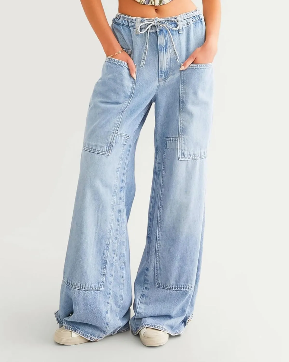 Women Wide Leg Jeans Elastic Mid Waist Belt Baggy Jeans Loose Casual Boyfriend Y2K Denim Pants with Pockets