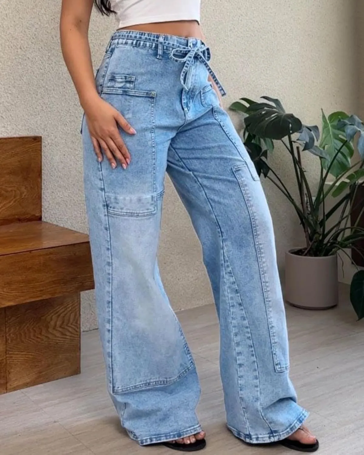 Women Wide Leg Jeans Elastic Mid Waist Belt Baggy Jeans Loose Casual Boyfriend Y2K Denim Pants with Pockets