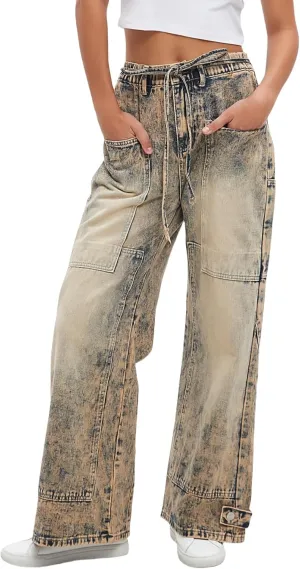 Women Wide Leg Jeans Elastic Mid Waist Belt Baggy Jeans Loose Casual Boyfriend Y2K Denim Pants with Pockets