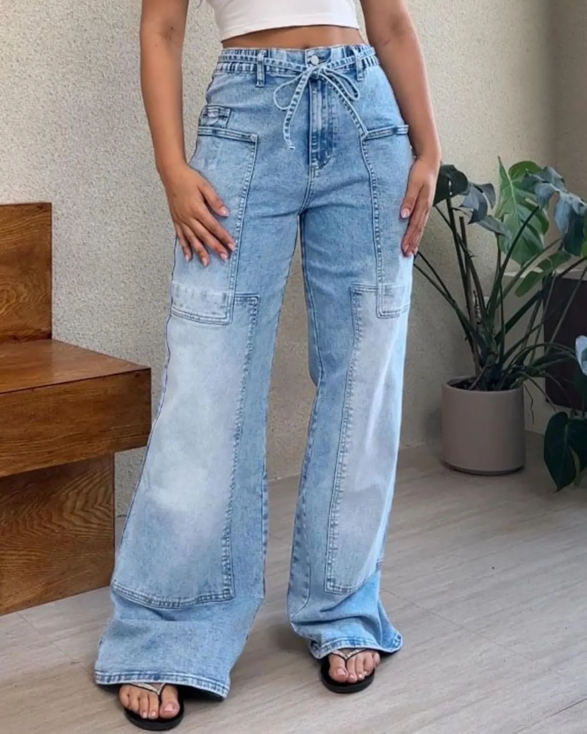 Women Wide Leg Jeans Elastic Mid Waist Belt Baggy Jeans Loose Casual Boyfriend Y2K Denim Pants with Pockets