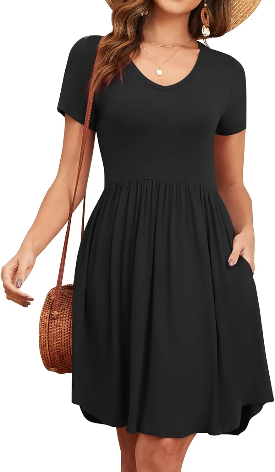 Women's 2025 Summer Short Sleeve Dresses Casual Loose Fit Swing T Shirt Dress V Neck Sundress with Pockets
