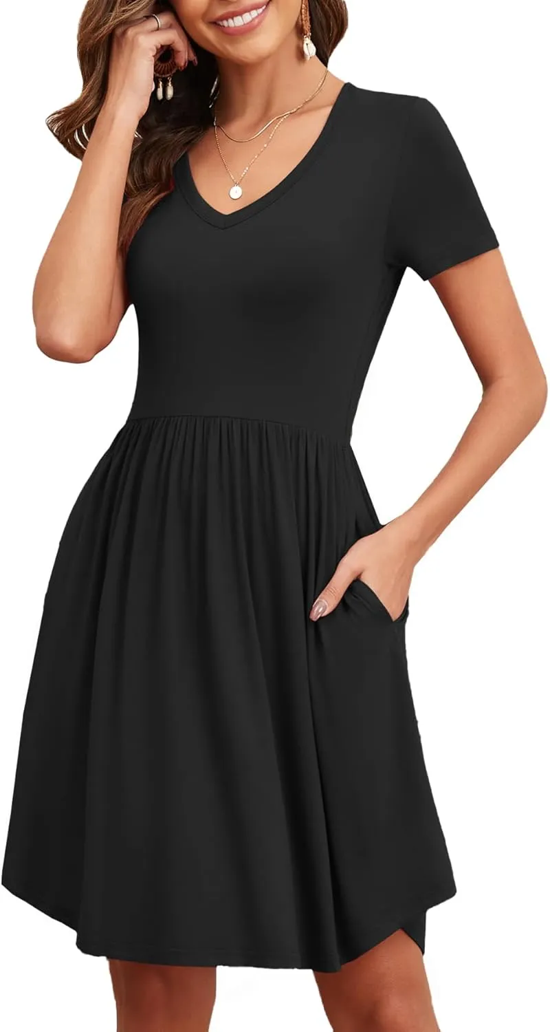 Women's 2025 Summer Short Sleeve Dresses Casual Loose Fit Swing T Shirt Dress V Neck Sundress with Pockets