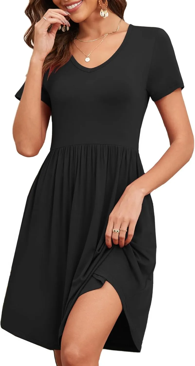 Women's 2025 Summer Short Sleeve Dresses Casual Loose Fit Swing T Shirt Dress V Neck Sundress with Pockets
