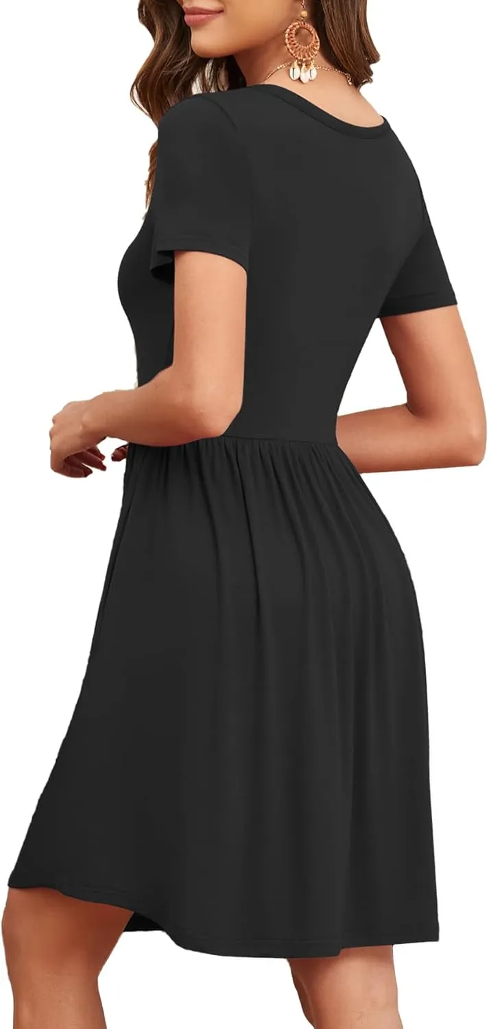 Women's 2025 Summer Short Sleeve Dresses Casual Loose Fit Swing T Shirt Dress V Neck Sundress with Pockets