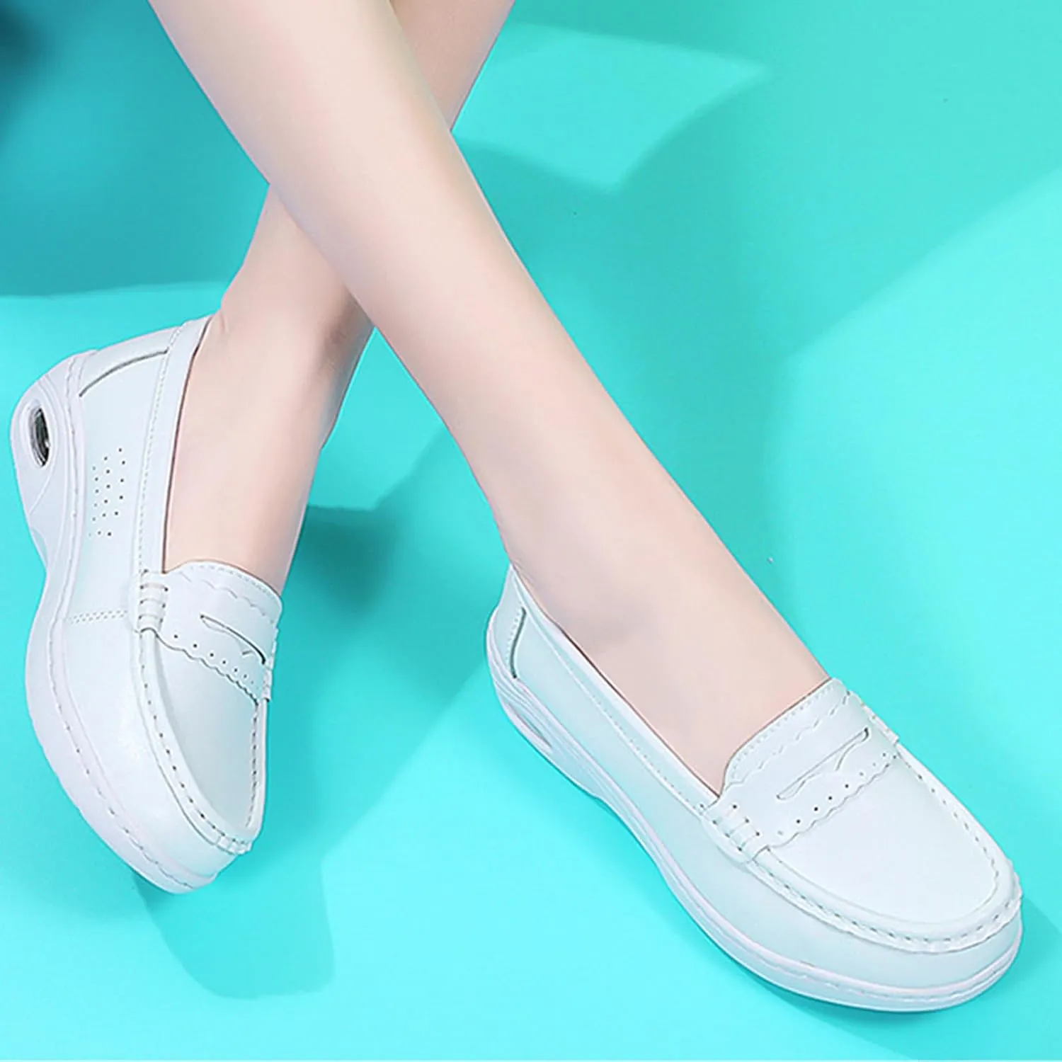 Women's Air-Cushion Orthopedic Slip-On Nurse Shoes Fashion Round-Toe Wedge Heel Thick-Soled Comfortable Arch Support Walking Loafers