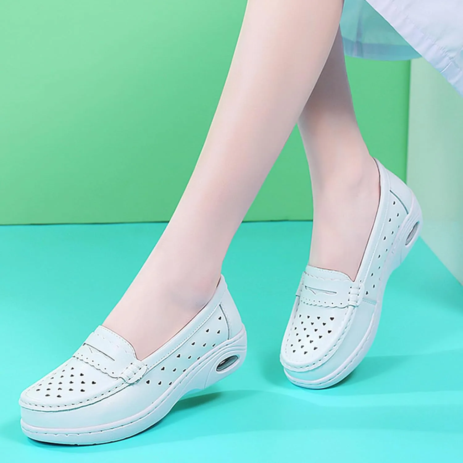 Women's Air-Cushion Orthopedic Slip-On Nurse Shoes Fashion Round-Toe Wedge Heel Thick-Soled Comfortable Arch Support Walking Loafers