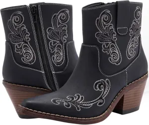 Women's Black Western Cowboy Boots - Ankle-High Booties with Side Zippers, Durable Stack Heel, Comfortable Faux Leather, Perfect for Casual Wear, Dancing, Riding, Special Occasions