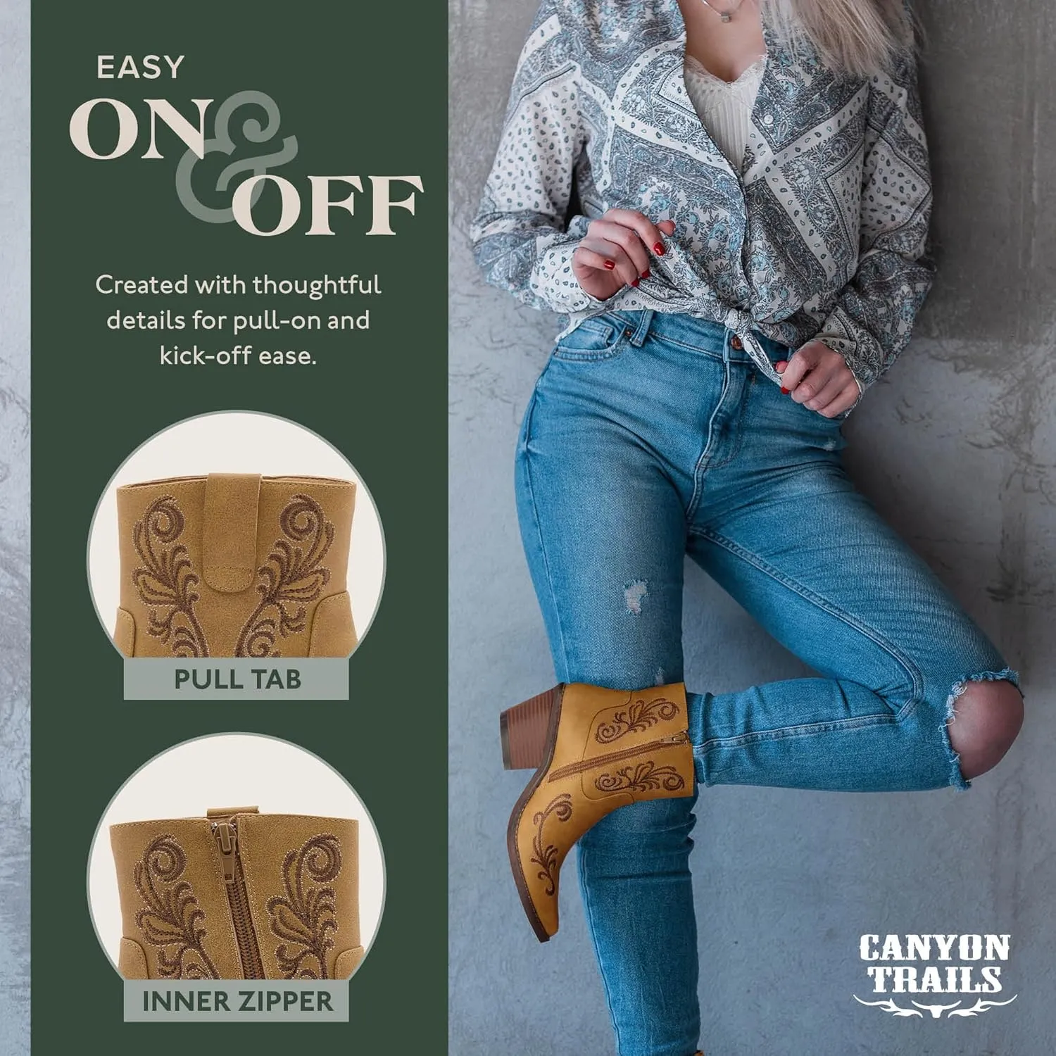 Women's Black Western Cowboy Boots - Ankle-High Booties with Side Zippers, Durable Stack Heel, Comfortable Faux Leather, Perfect for Casual Wear, Dancing, Riding, Special Occasions