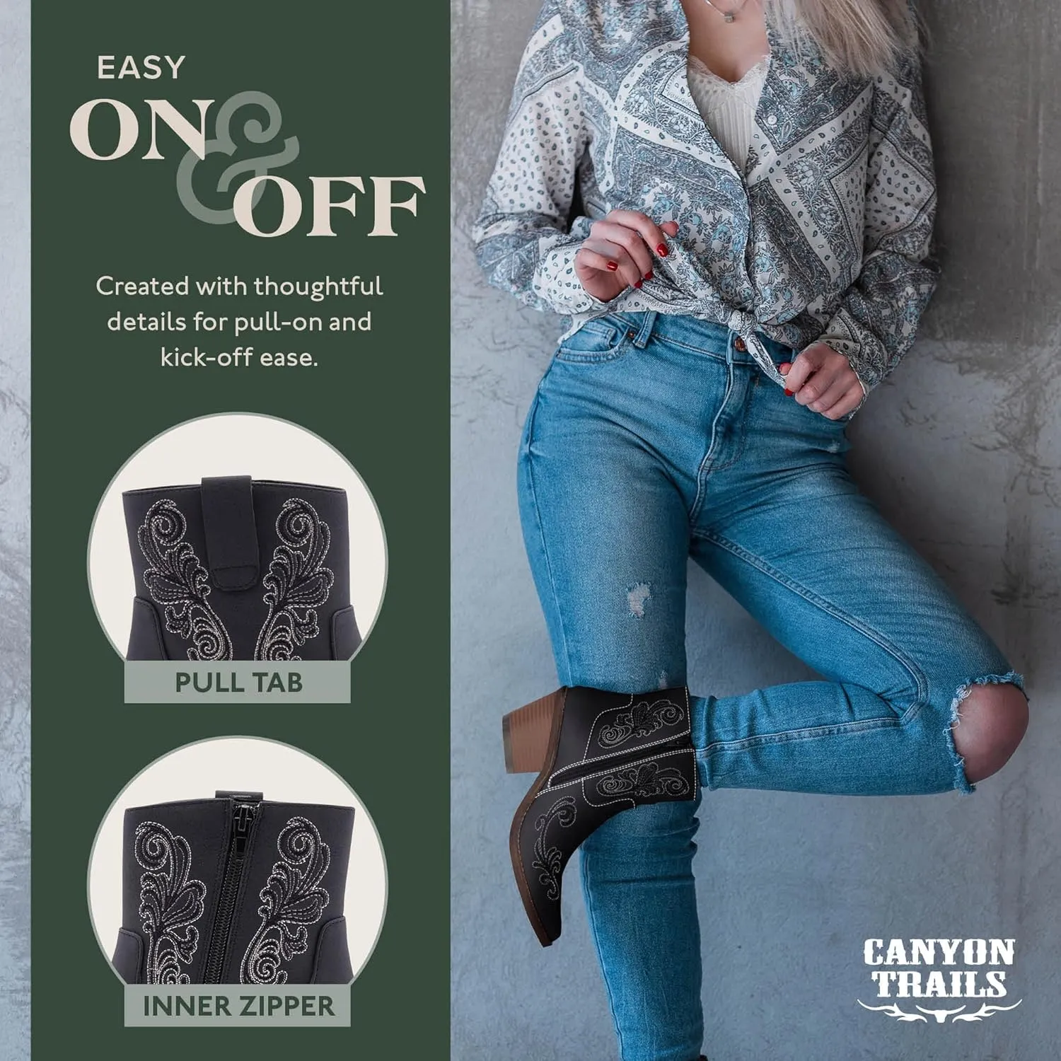 Women's Black Western Cowboy Boots - Ankle-High Booties with Side Zippers, Durable Stack Heel, Comfortable Faux Leather, Perfect for Casual Wear, Dancing, Riding, Special Occasions