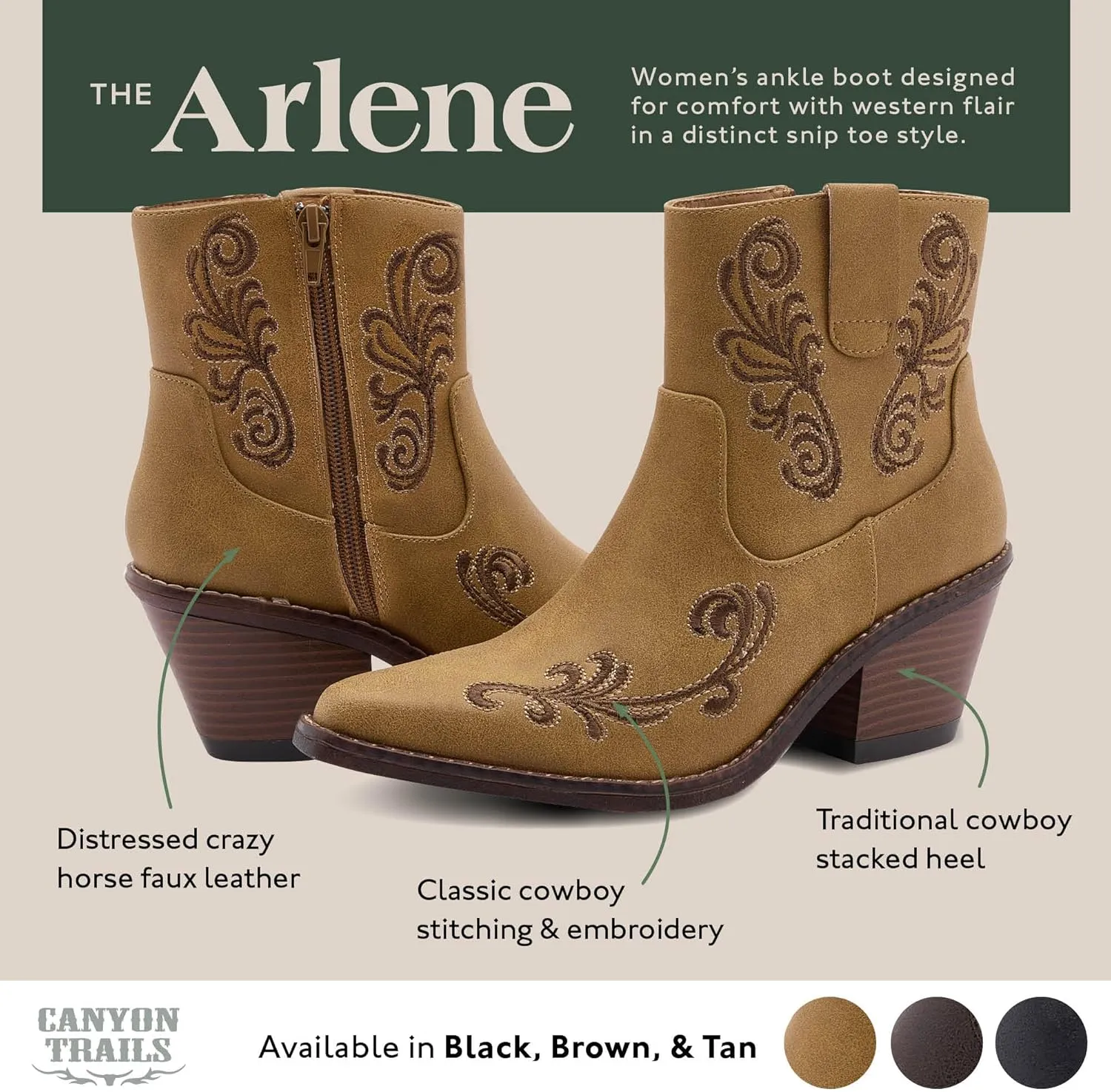 Women's Black Western Cowboy Boots - Ankle-High Booties with Side Zippers, Durable Stack Heel, Comfortable Faux Leather, Perfect for Casual Wear, Dancing, Riding, Special Occasions