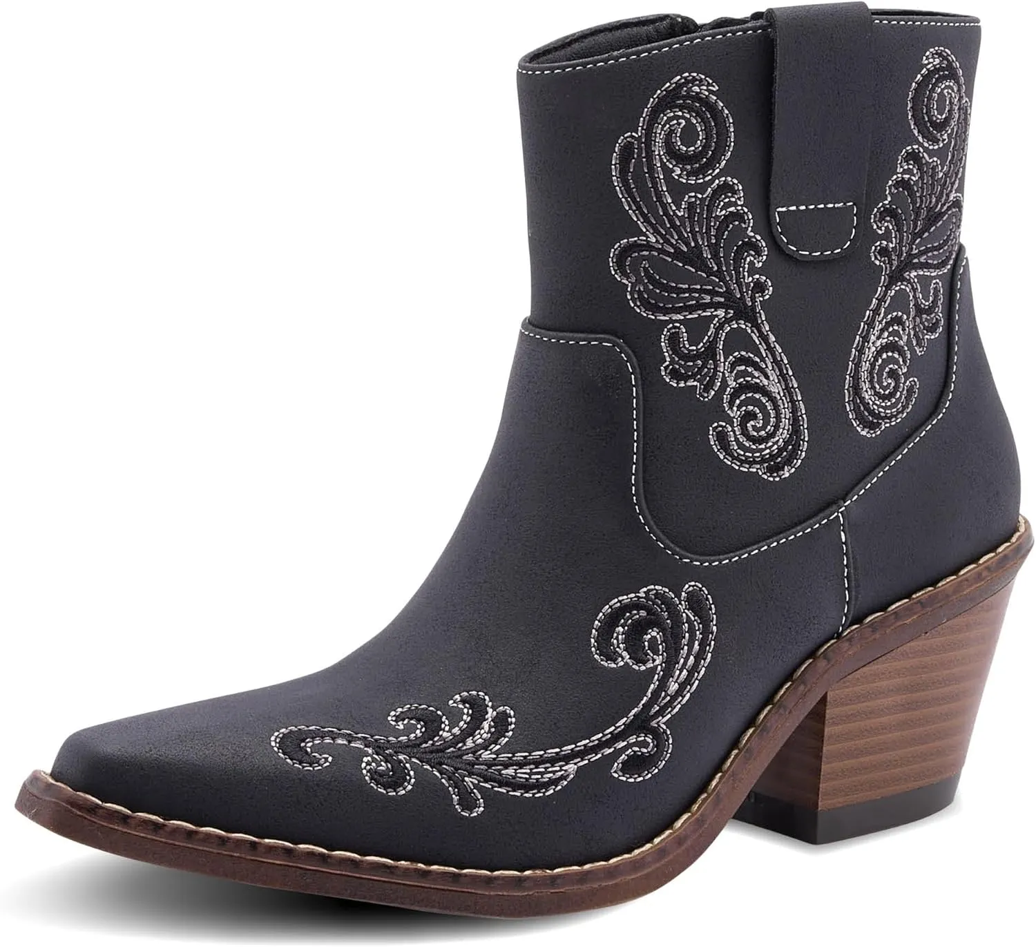 Women's Black Western Cowboy Boots - Ankle-High Booties with Side Zippers, Durable Stack Heel, Comfortable Faux Leather, Perfect for Casual Wear, Dancing, Riding, Special Occasions