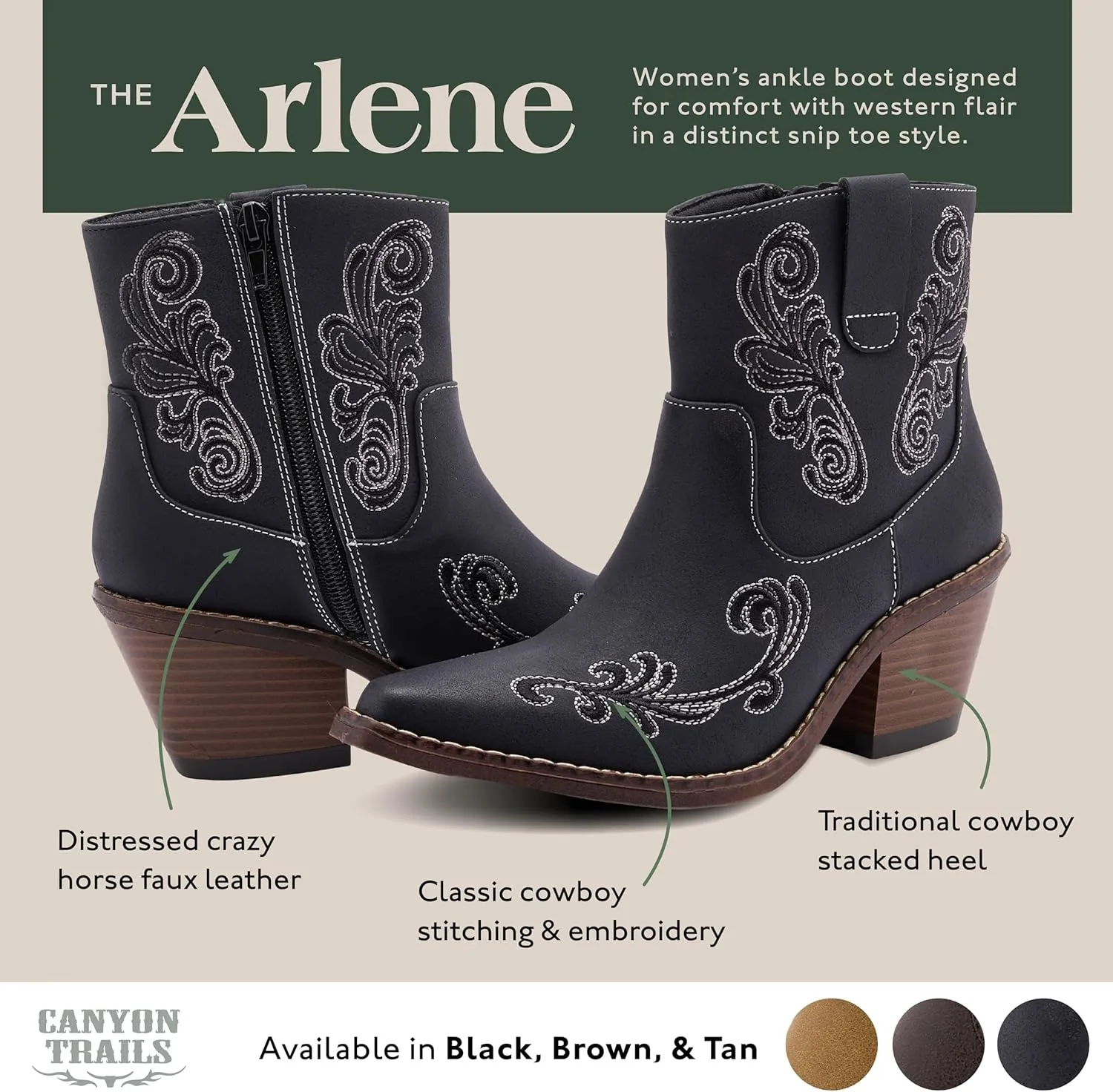 Women's Black Western Cowboy Boots - Ankle-High Booties with Side Zippers, Durable Stack Heel, Comfortable Faux Leather, Perfect for Casual Wear, Dancing, Riding, Special Occasions