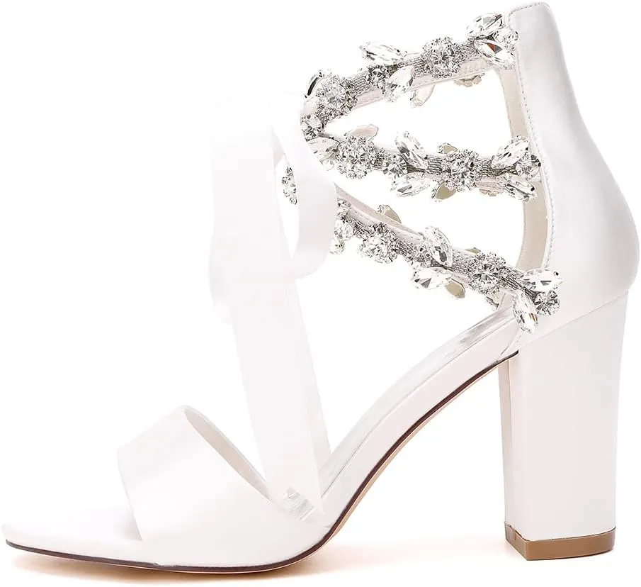 Women's Block Heel Wedding Sandals Rhinestones Open Toe Chunky Ribbon Bridal Shoes Prom Eveing Party Shoes