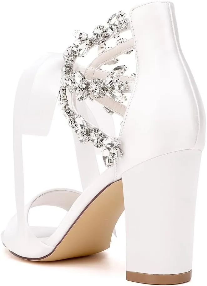 Women's Block Heel Wedding Sandals Rhinestones Open Toe Chunky Ribbon Bridal Shoes Prom Eveing Party Shoes